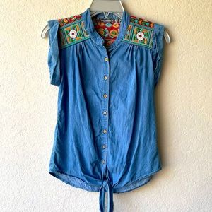 Earthbound | Embroidered Denim cap sleeve top